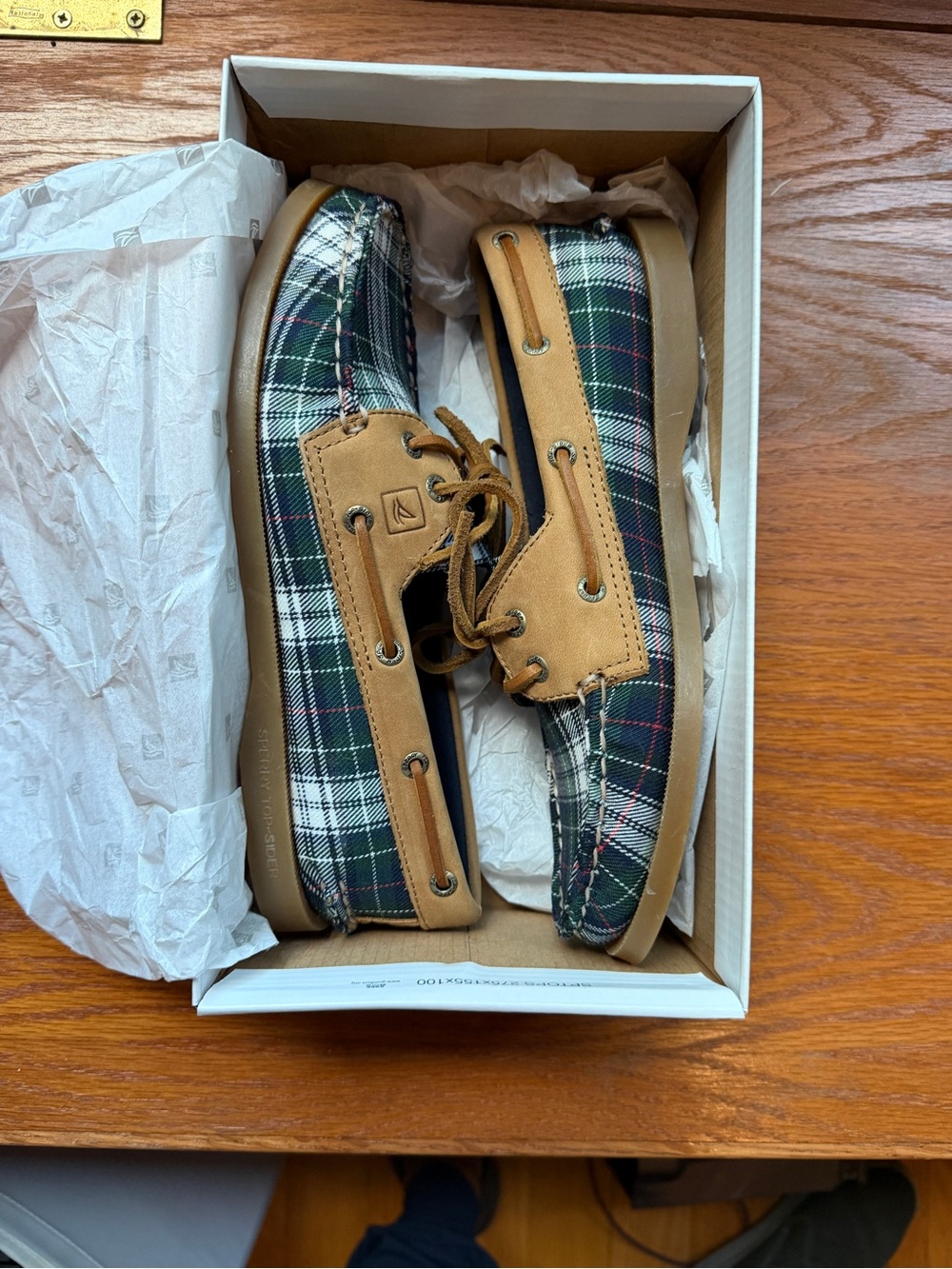 Sperry Plaid Navy and Tan Leather Boat Shoes